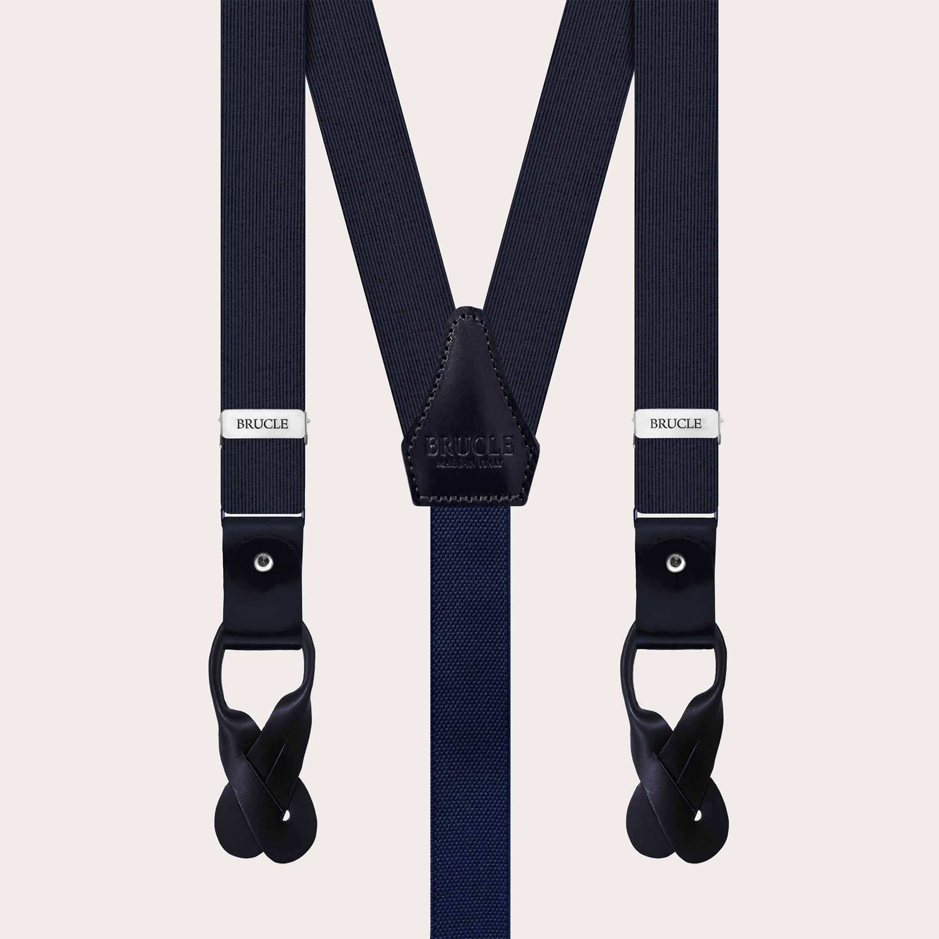 BRUCLE Formal skinny Y-shape pure silk suspenders, navy blue, nickel free