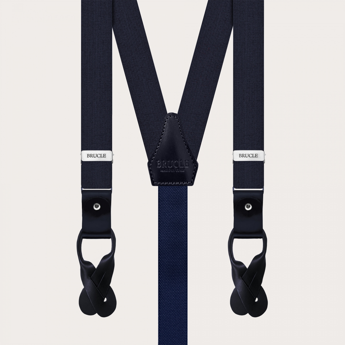 BRUCLE Formal skinny Y-shape pure silk suspenders, navy blue, nickel free