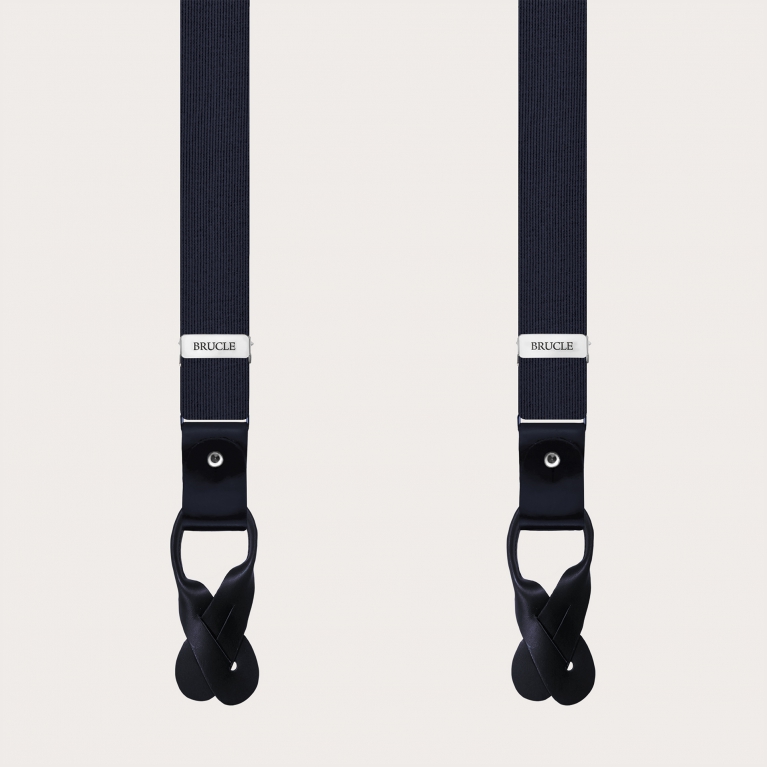 Formal skinny Y-shape pure silk suspenders, navy blue, nickel free