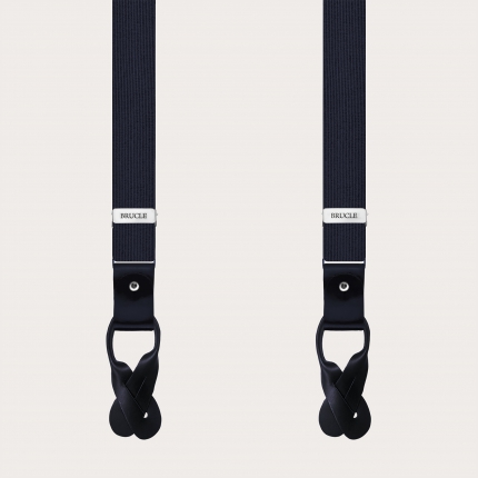 Formal skinny Y-shape pure silk suspenders, navy blue, nickel free