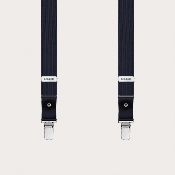 BRUCLE Formal skinny Y-shape pure silk suspenders, navy blue, nickel free