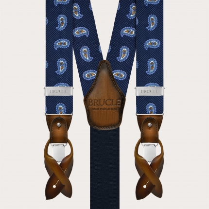 Blue silk suspenders with macro paisley pattern and contrasting leather