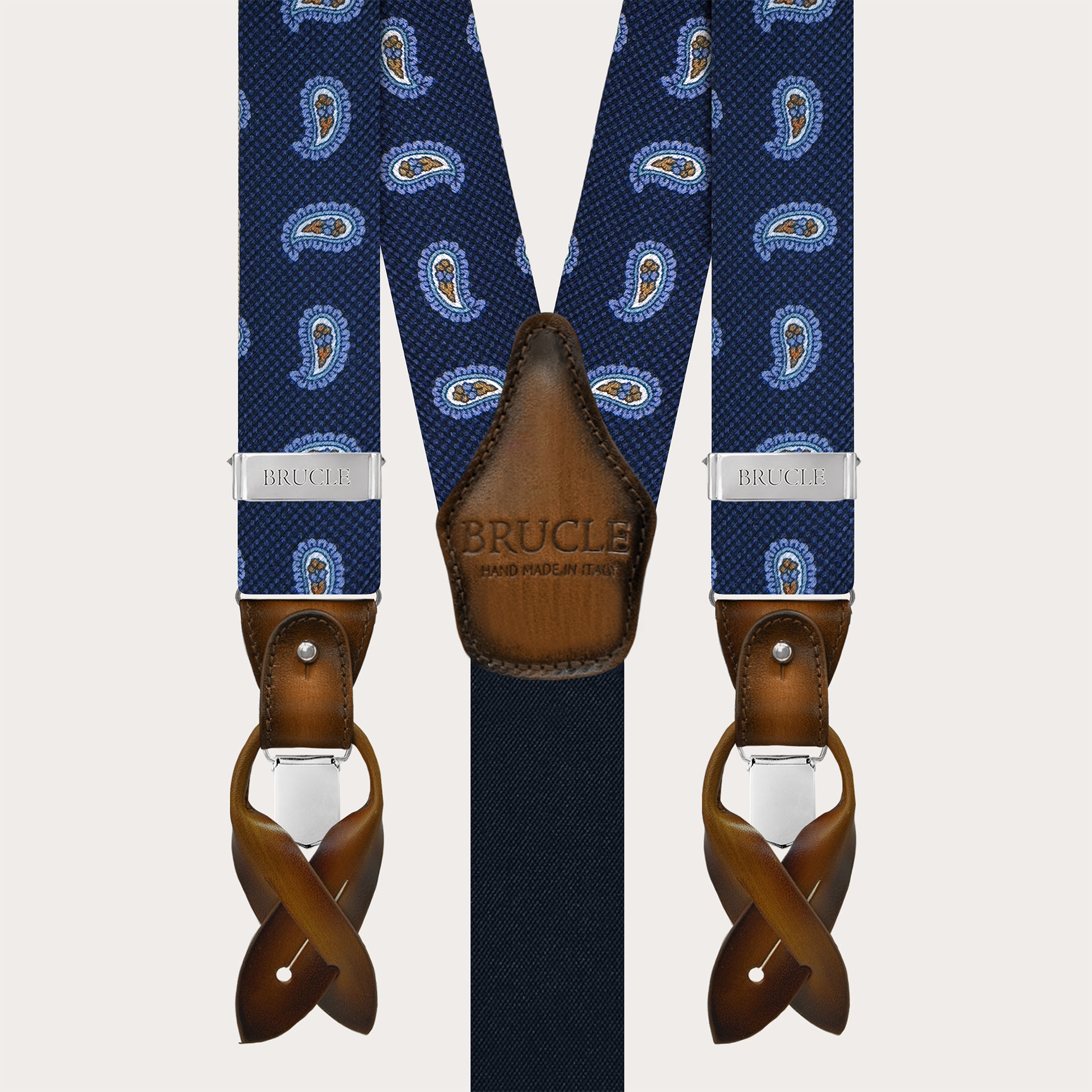 Blue silk suspenders with macro paisley pattern and contrasting leather