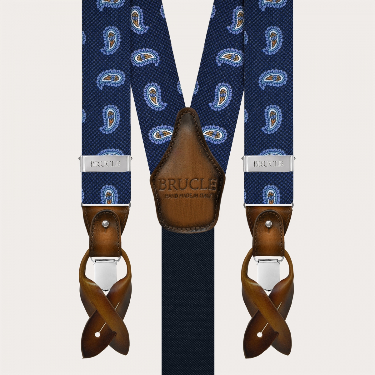 Blue silk suspenders with macro paisley pattern and contrasting leather