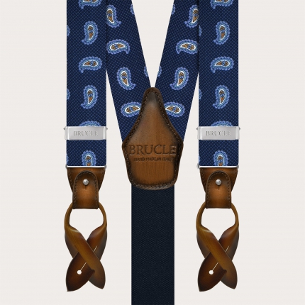 Blue silk suspenders with macro paisley pattern and contrasting leather