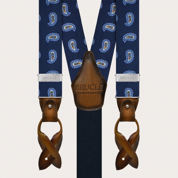 Blue silk suspenders with macro paisley pattern and contrasting leather