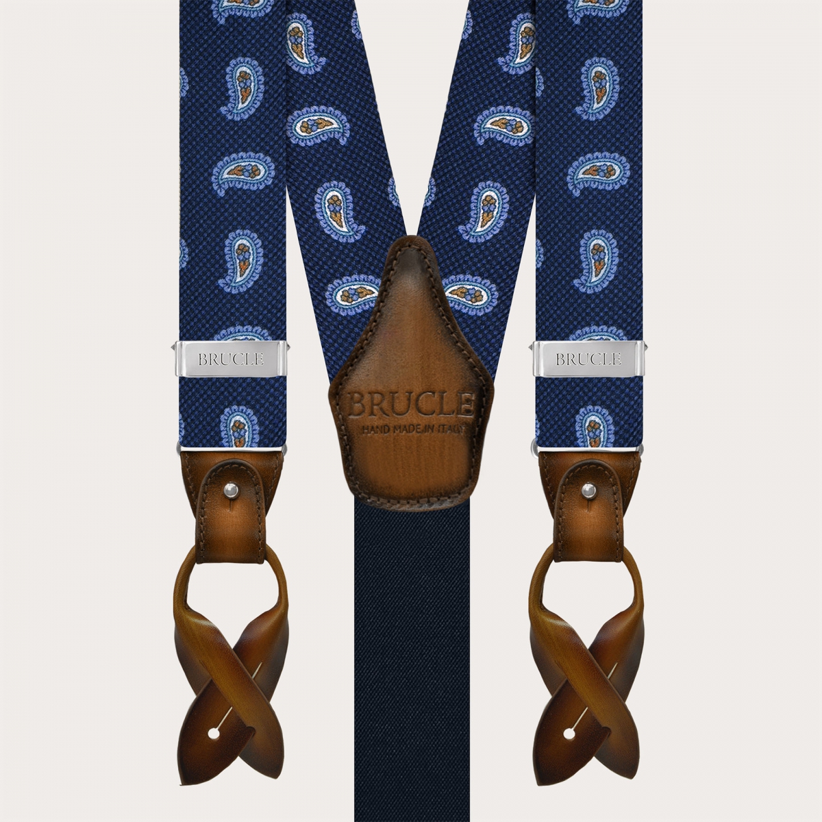 Blue silk suspenders with macro paisley pattern and contrasting leather