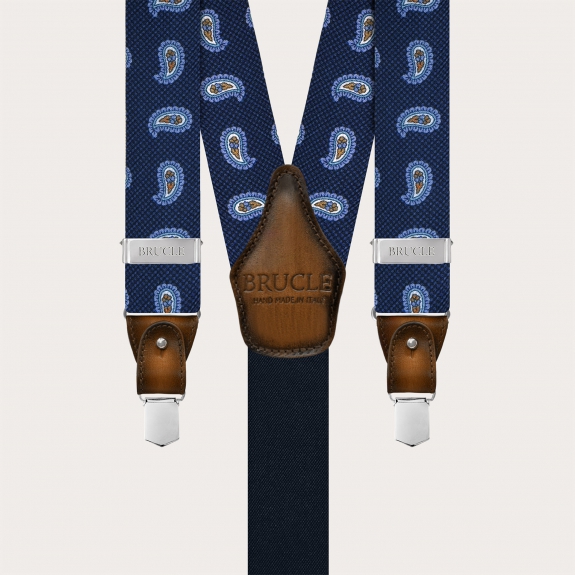 Blue silk suspenders with macro paisley pattern and contrasting leather