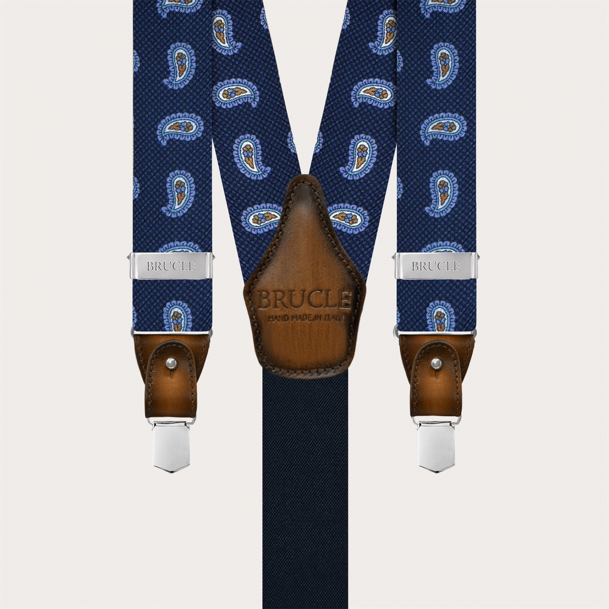 Blue silk suspenders with macro paisley pattern and contrasting leather