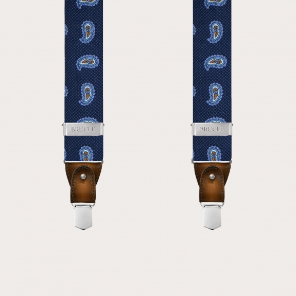 Blue silk suspenders with macro paisley pattern and contrasting leather