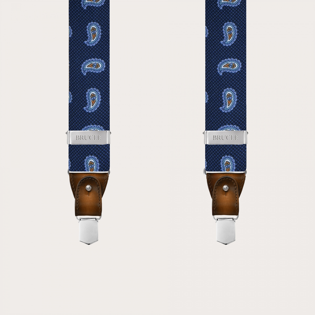 Blue silk suspenders with macro paisley pattern and contrasting leather