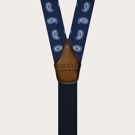 Blue silk suspenders with macro paisley pattern and contrasting leather