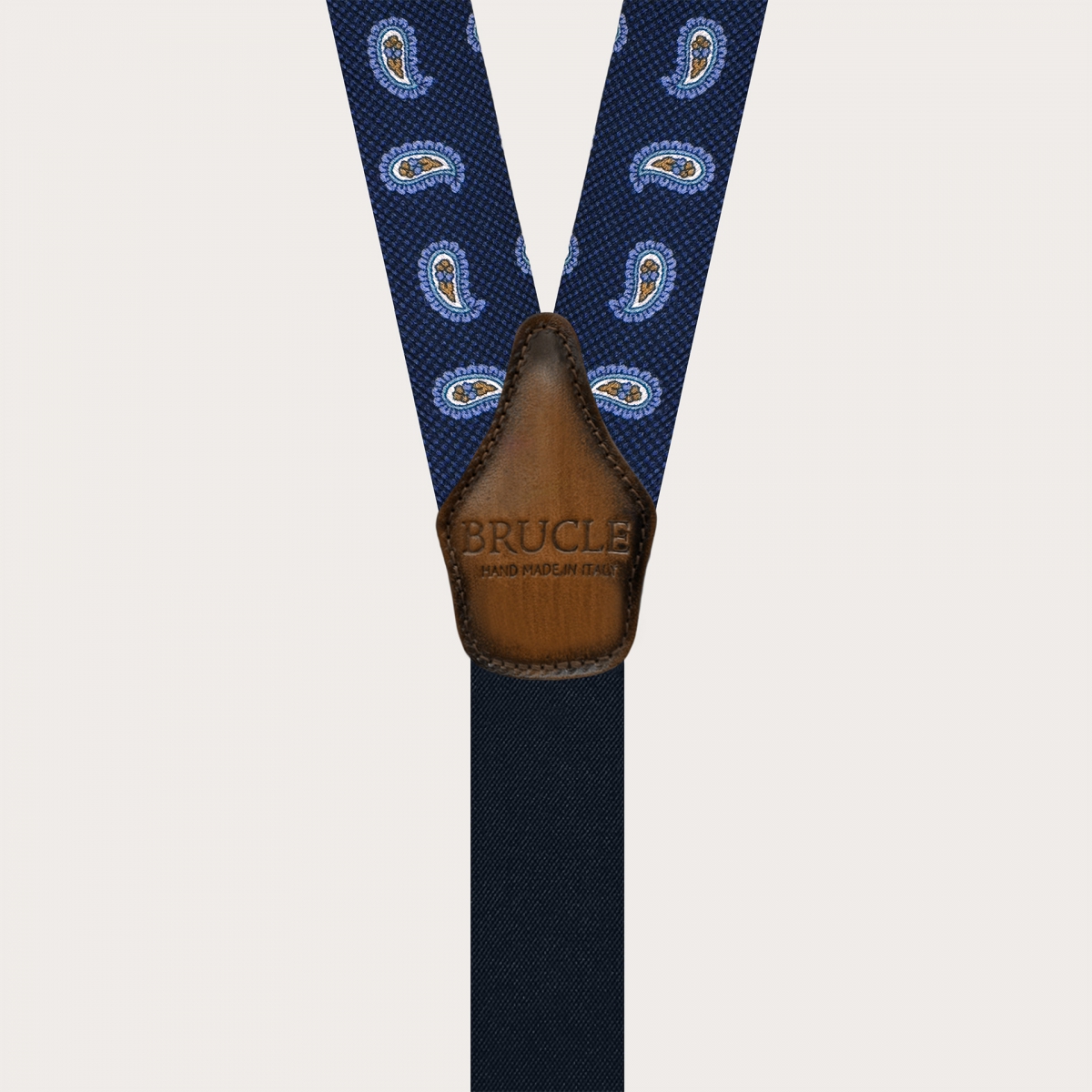 Blue silk suspenders with macro paisley pattern and contrasting leather