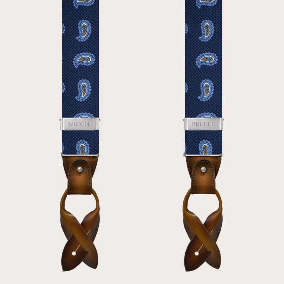 Blue silk suspenders with macro paisley pattern and contrasting leather