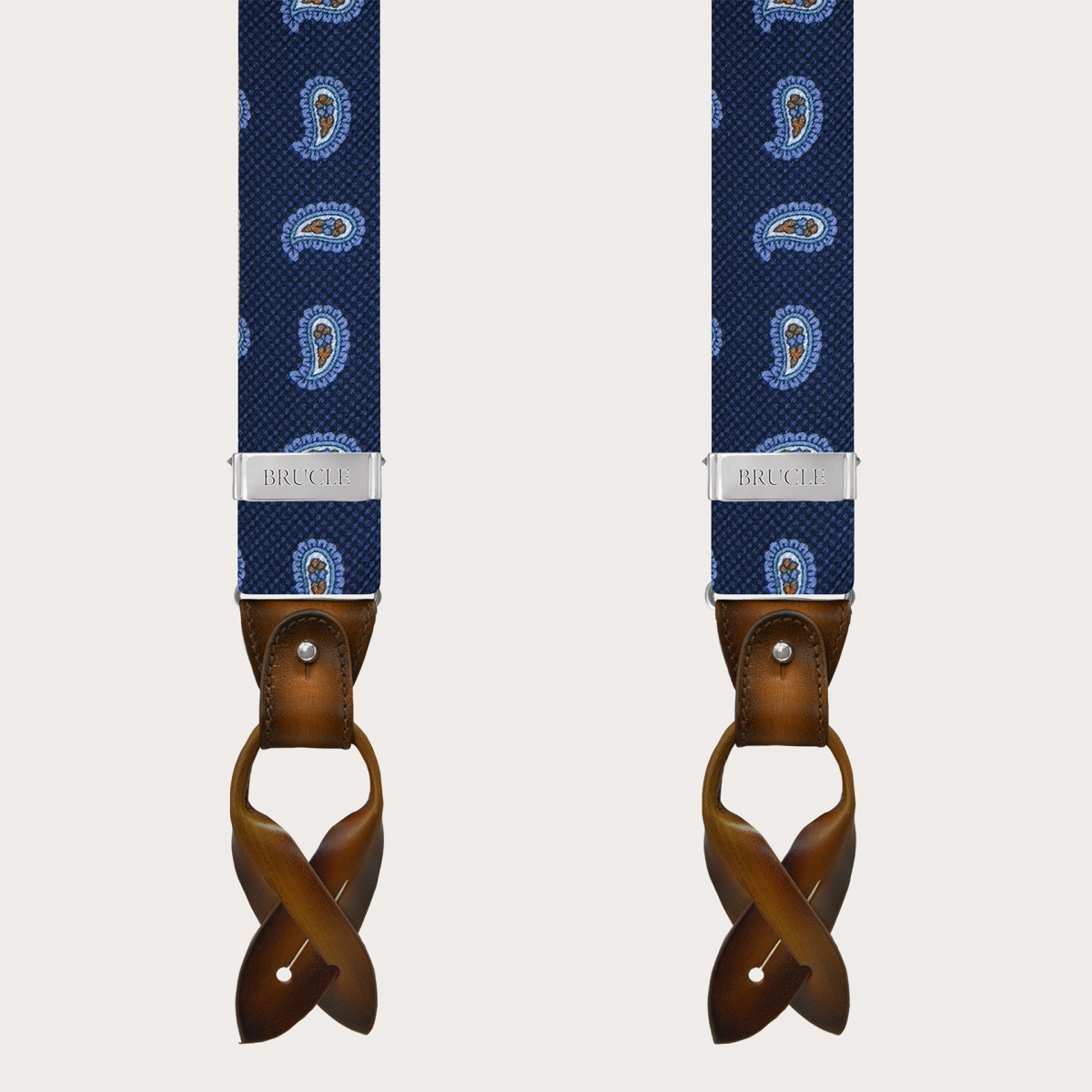 Blue silk suspenders with macro paisley pattern and contrasting leather