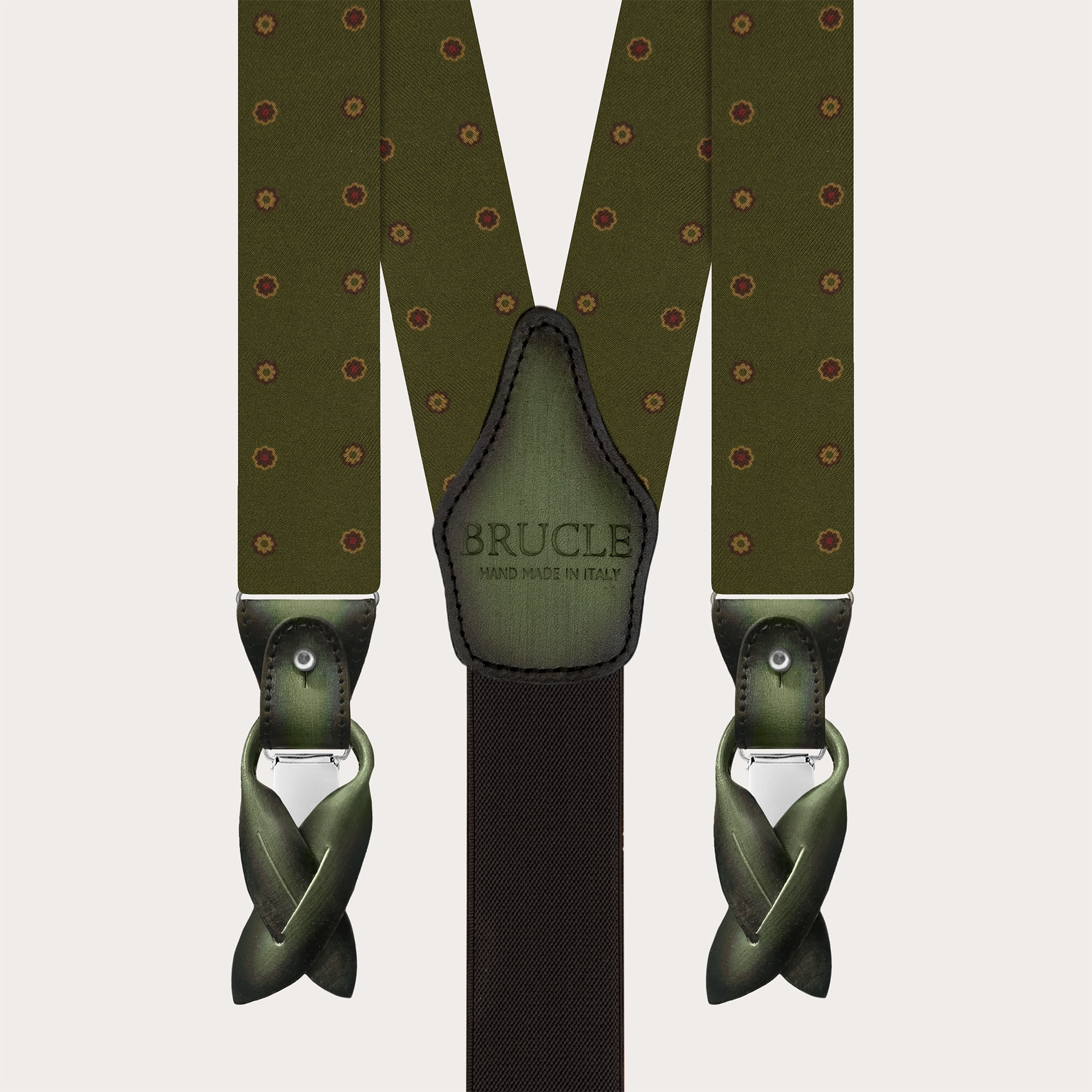 Green floral silk suspenders with hand-colored leather