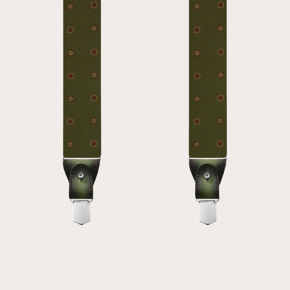 Green floral silk suspenders with hand-colored leather