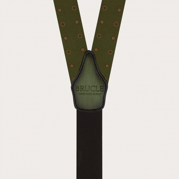 Green floral silk suspenders with hand-colored leather