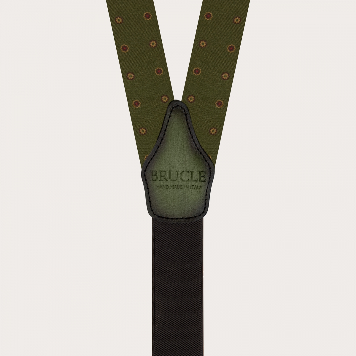 Green floral silk suspenders with hand-colored leather