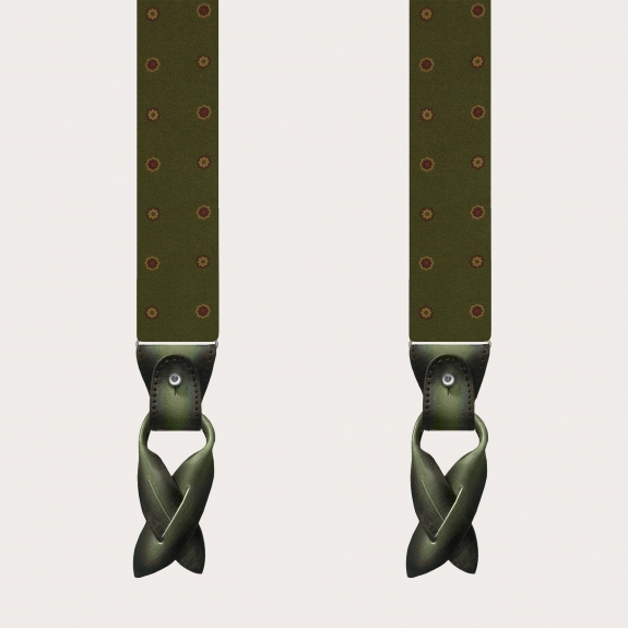 Green floral silk suspenders with hand-colored leather