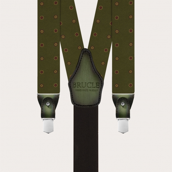 Green floral silk suspenders with hand-colored leather