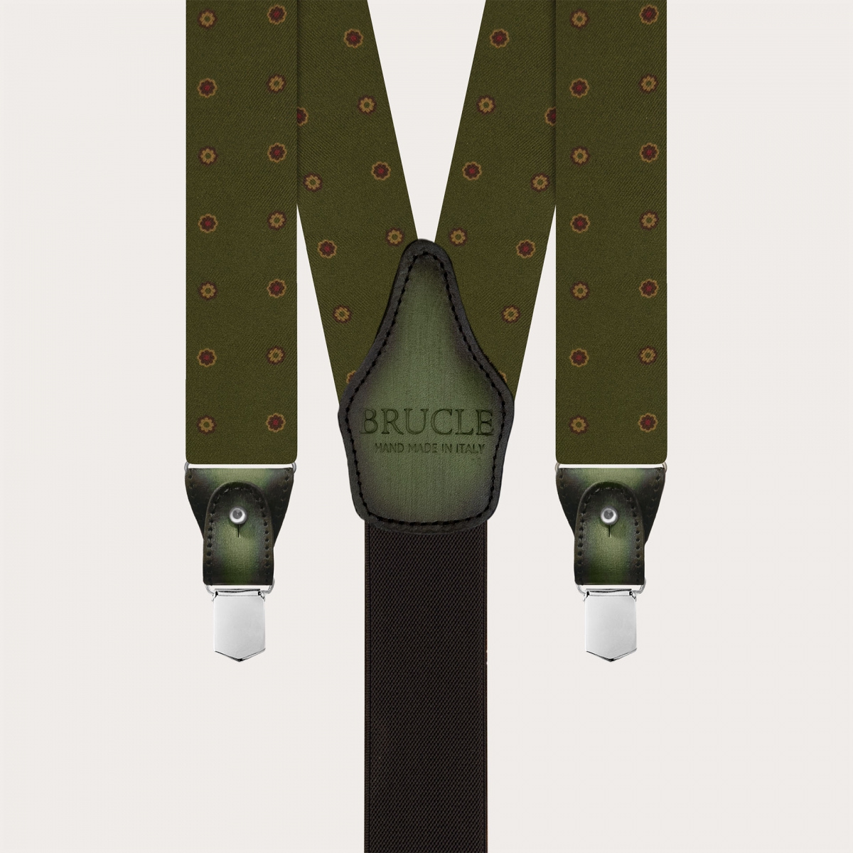 Green floral silk suspenders with hand-colored leather