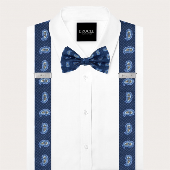 Coordinated suspenders and bow tie in blue paisley silk