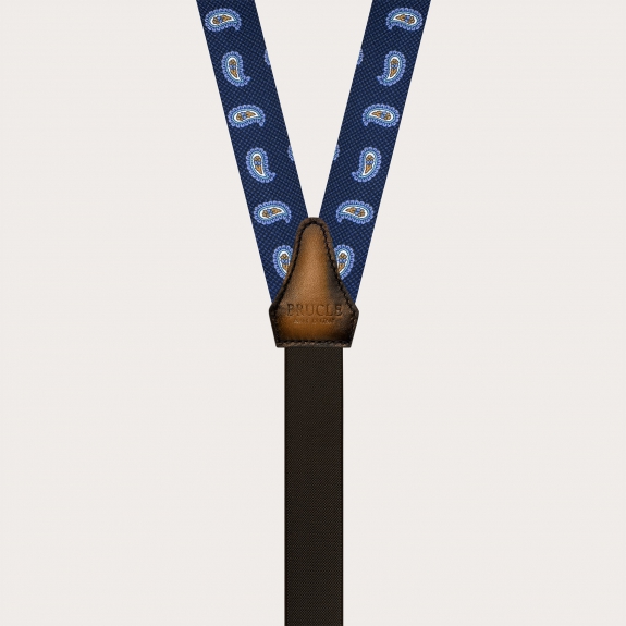 Narrow blue paisley silk suspenders with hand-painted leather