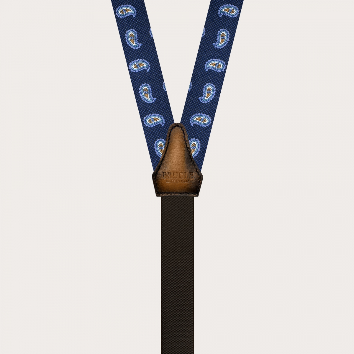 Narrow blue paisley silk suspenders with hand-painted leather