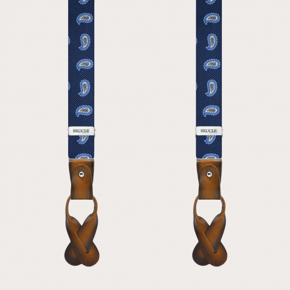 Narrow blue paisley silk suspenders with hand-painted leather