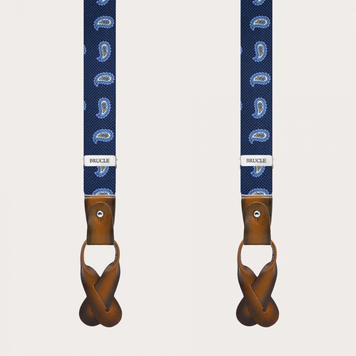 Narrow blue paisley silk suspenders with hand-painted leather