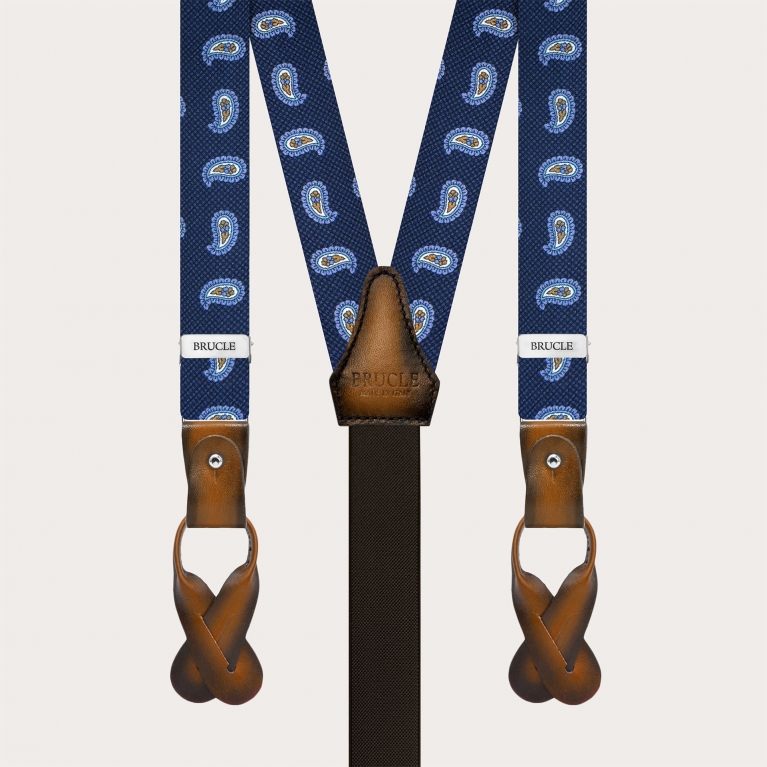 Narrow blue paisley silk suspenders with hand-painted leather