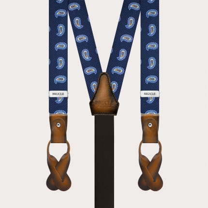 Narrow blue paisley silk suspenders with hand-painted leather