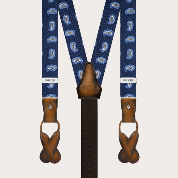 Narrow blue paisley silk suspenders with hand-painted leather