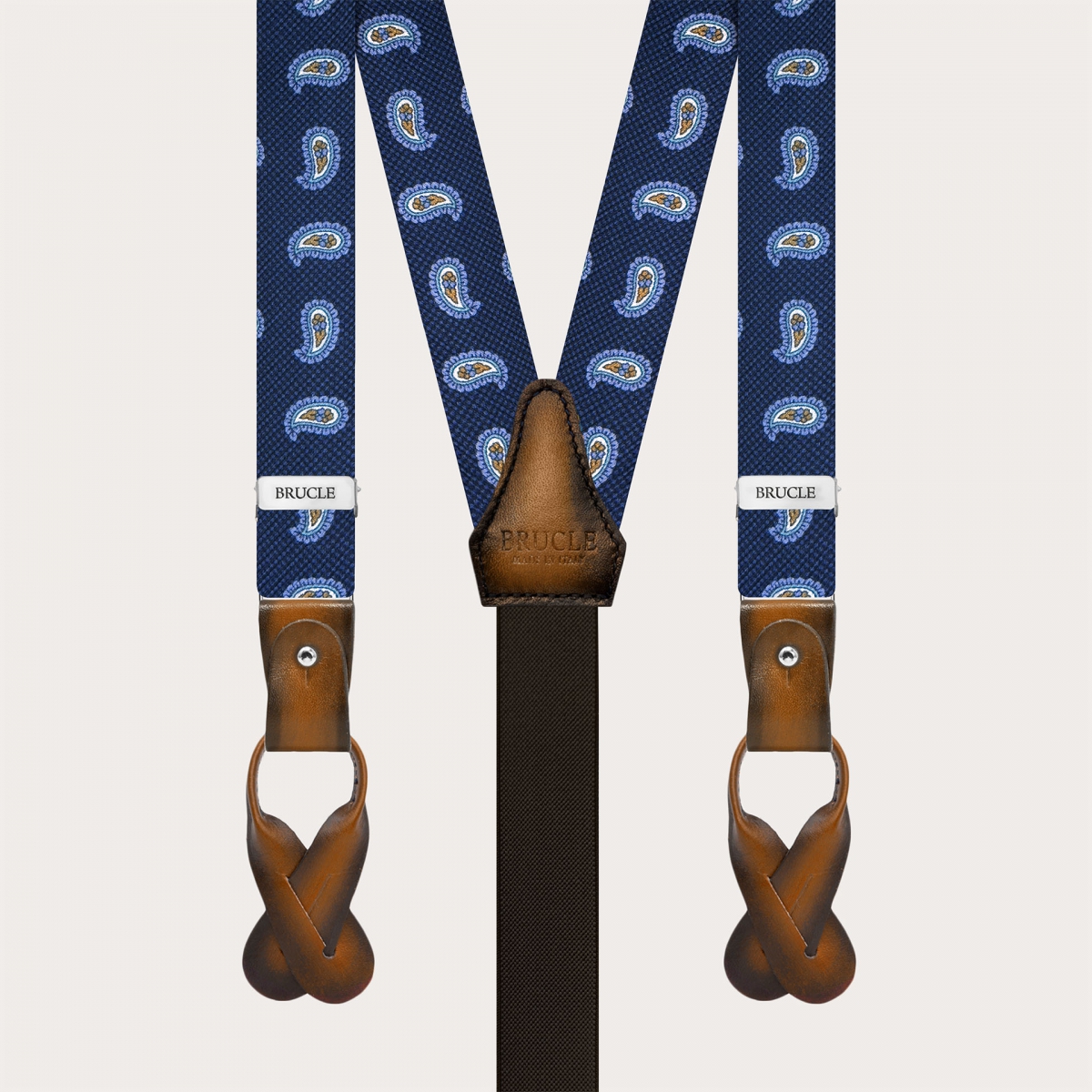 Narrow blue paisley silk suspenders with hand-painted leather