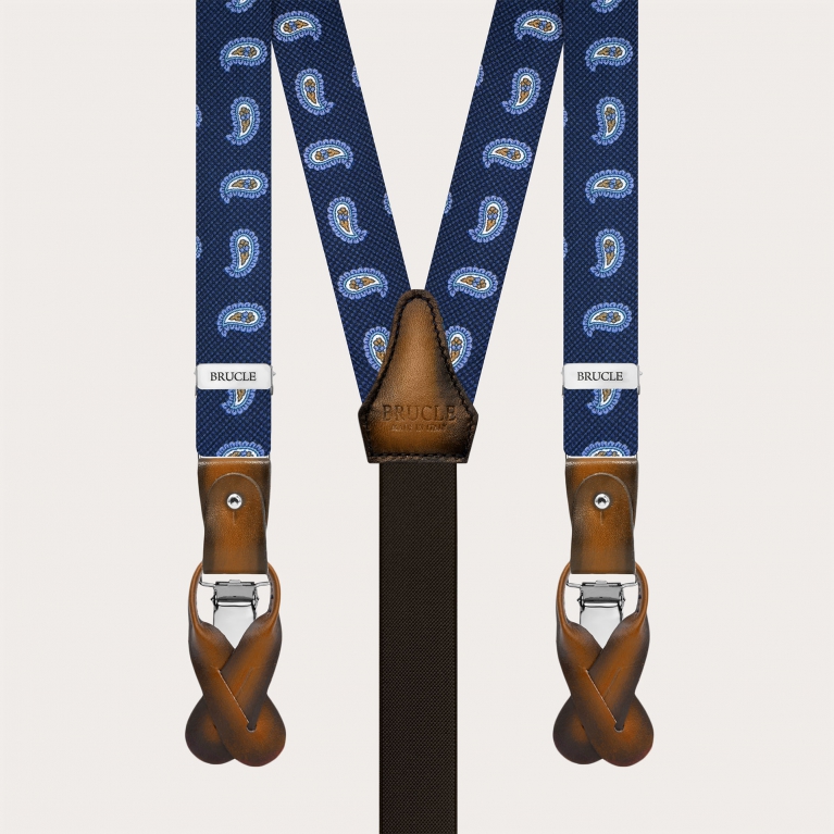 Narrow blue paisley silk suspenders with hand-painted leather