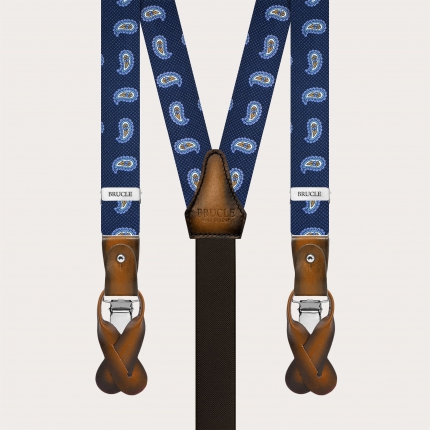 Narrow blue paisley silk suspenders with hand-painted leather