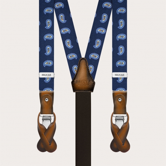 Narrow blue paisley silk suspenders with hand-painted leather