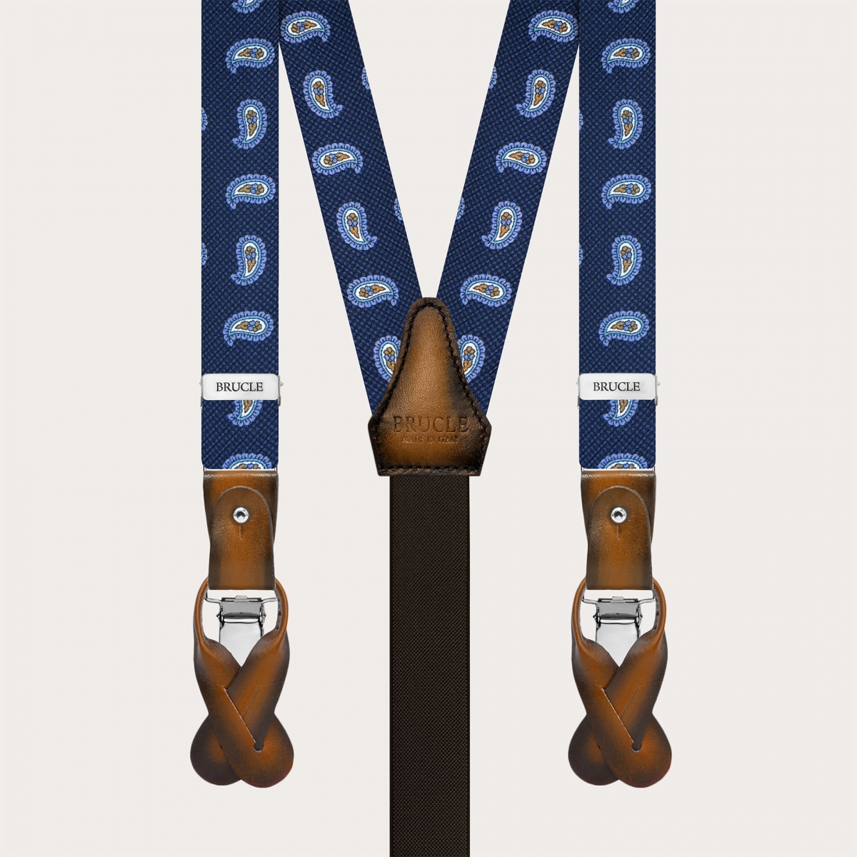 Narrow blue paisley silk suspenders with hand-painted leather