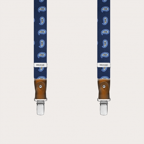 Narrow blue paisley silk suspenders with hand-painted leather