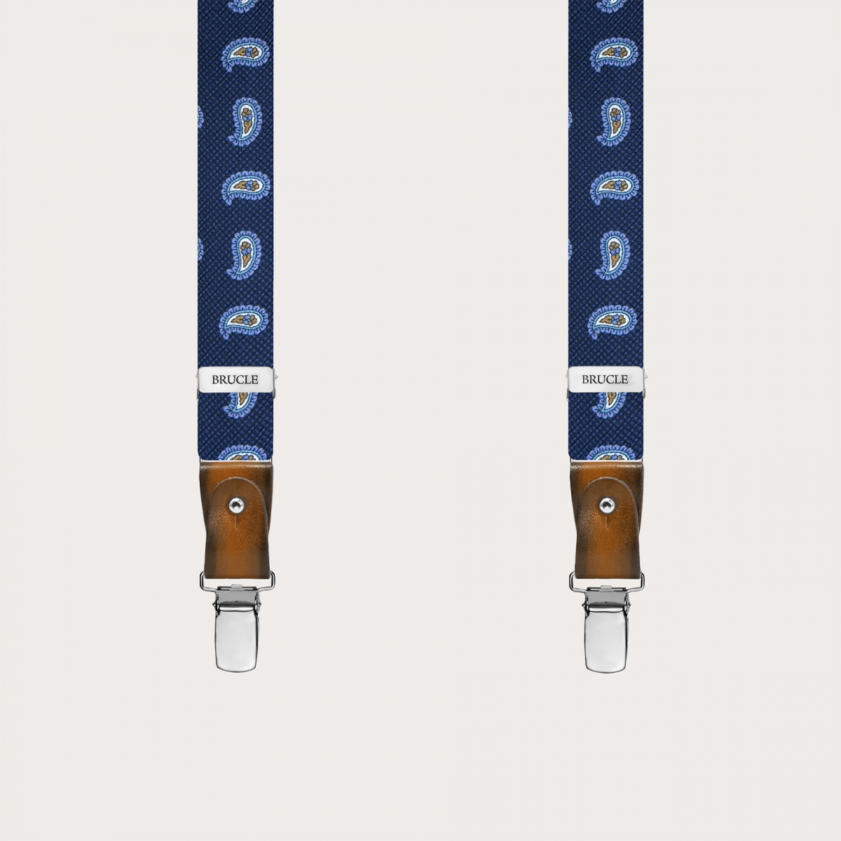 Narrow blue paisley silk suspenders with hand-painted leather