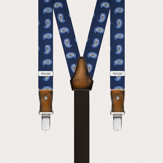 Narrow blue paisley silk suspenders with hand-painted leather