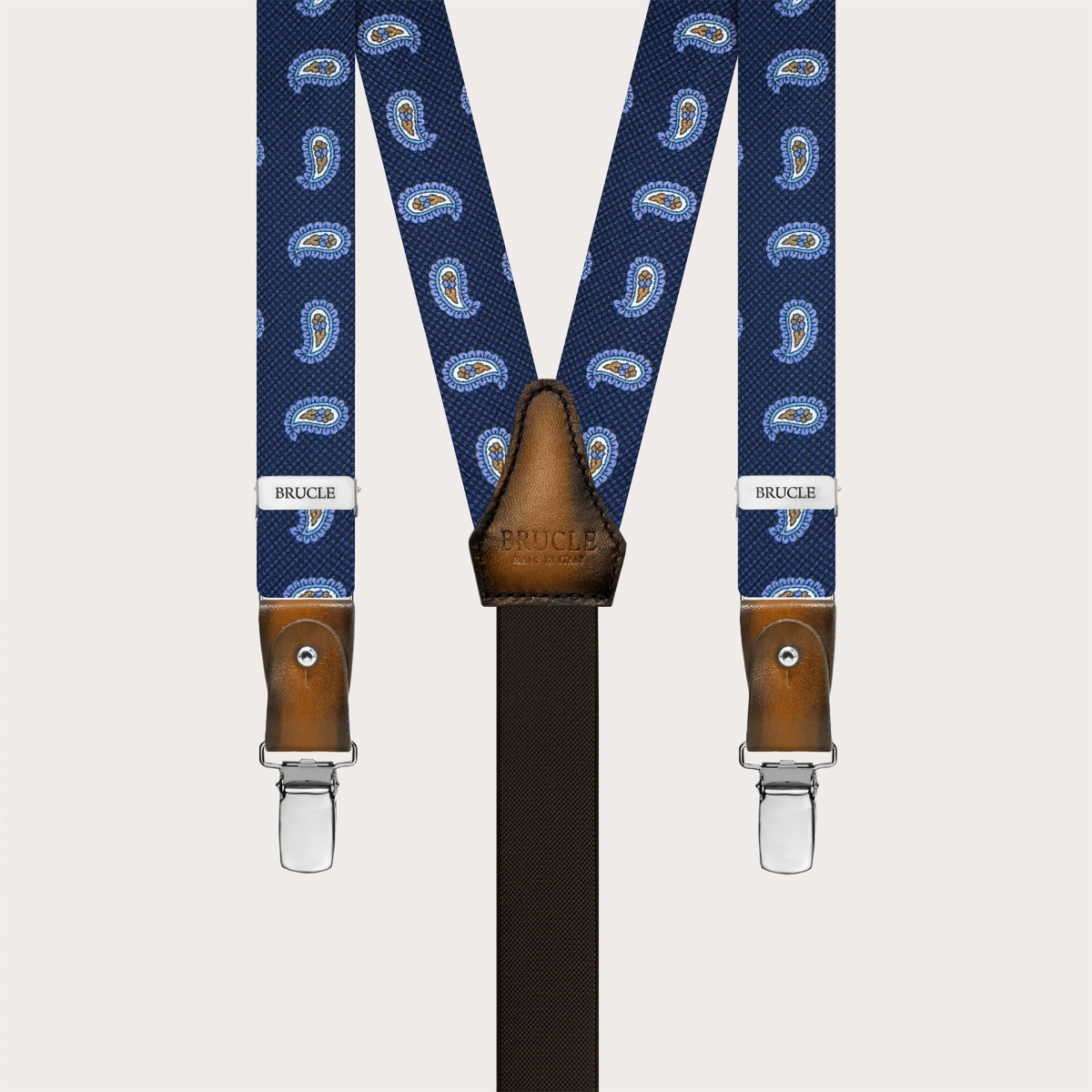 Narrow blue paisley silk suspenders with hand-painted leather