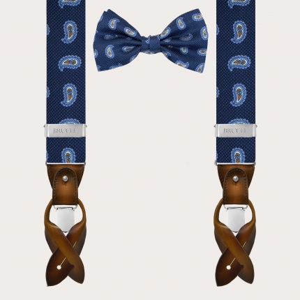 Coordinated suspenders and bow tie in blue paisley silk