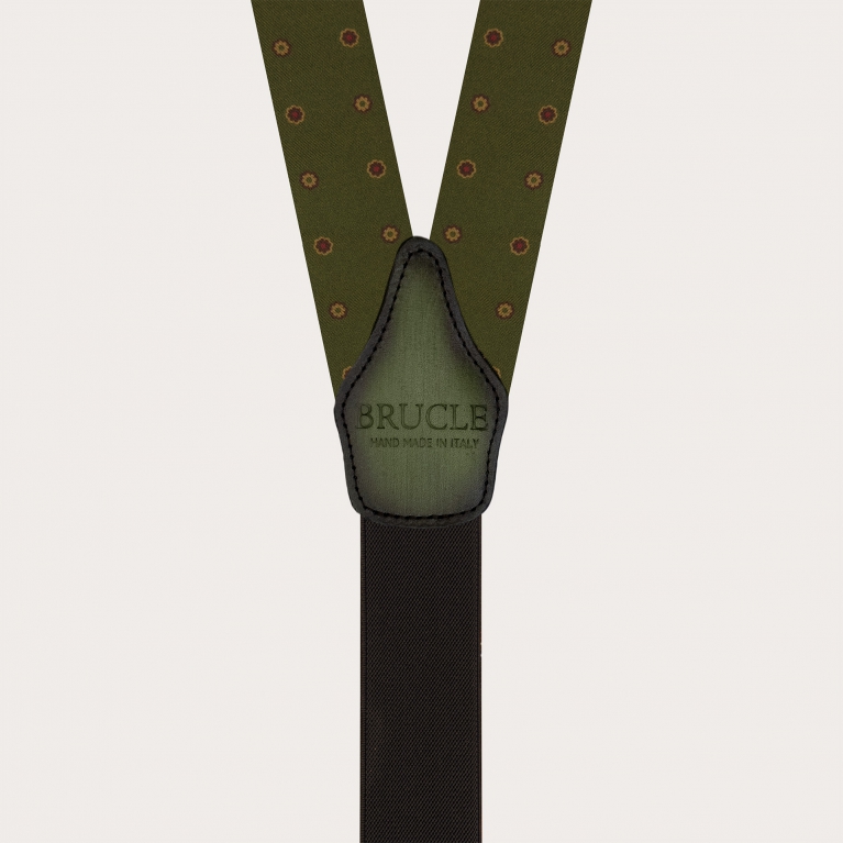 Green floral silk suspenders with hand-painted leather and buttonholes