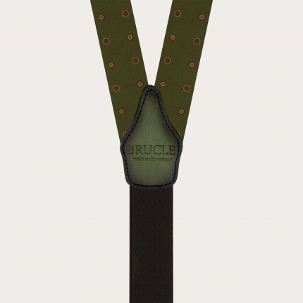 Green floral silk suspenders with hand-painted leather and buttonholes