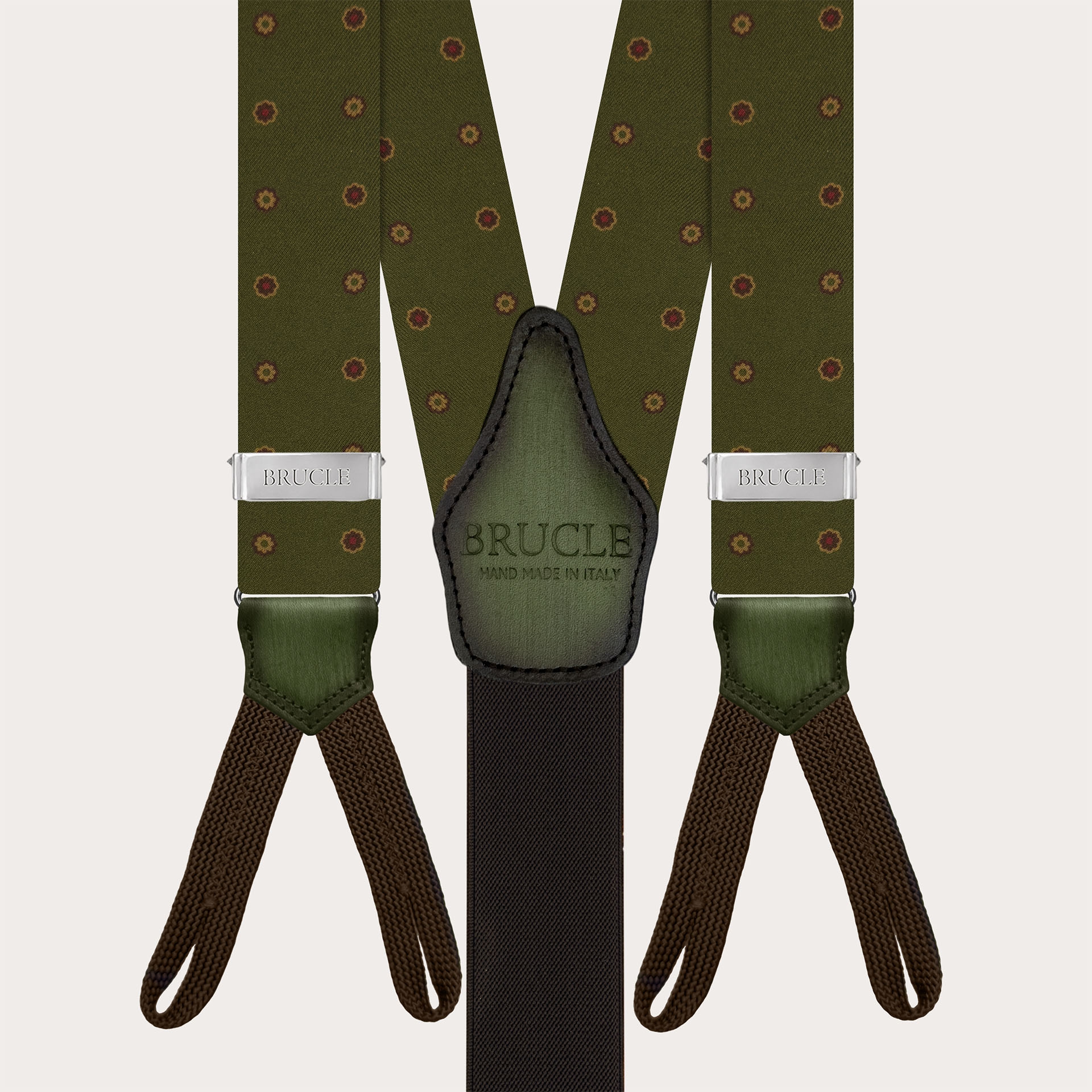 Green floral silk suspenders with hand-painted leather and buttonholes