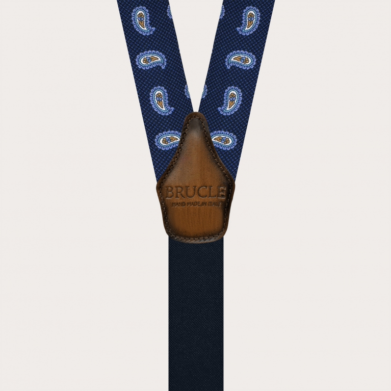 Blue silk suspenders with macro paisley and buttonholes