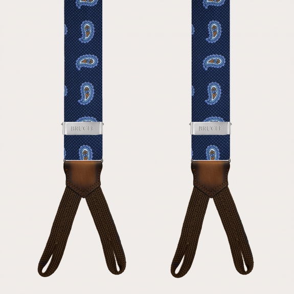 Blue silk suspenders with macro paisley and buttonholes