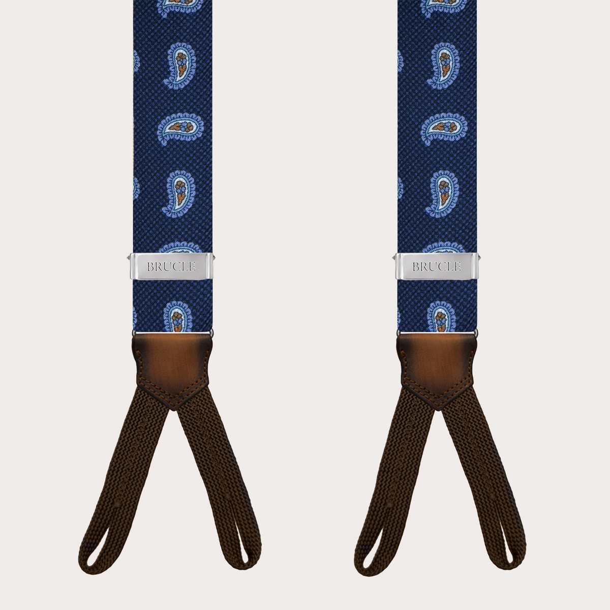 Blue silk suspenders with macro paisley and buttonholes